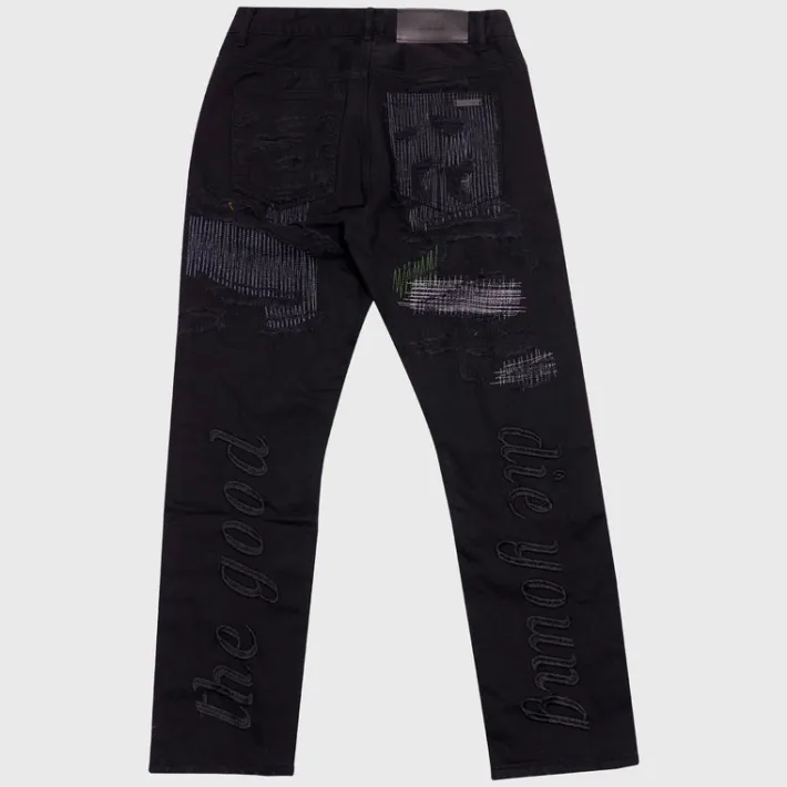 Outlet Homme + Femme Black Repaired Denim "The Good Die Young."