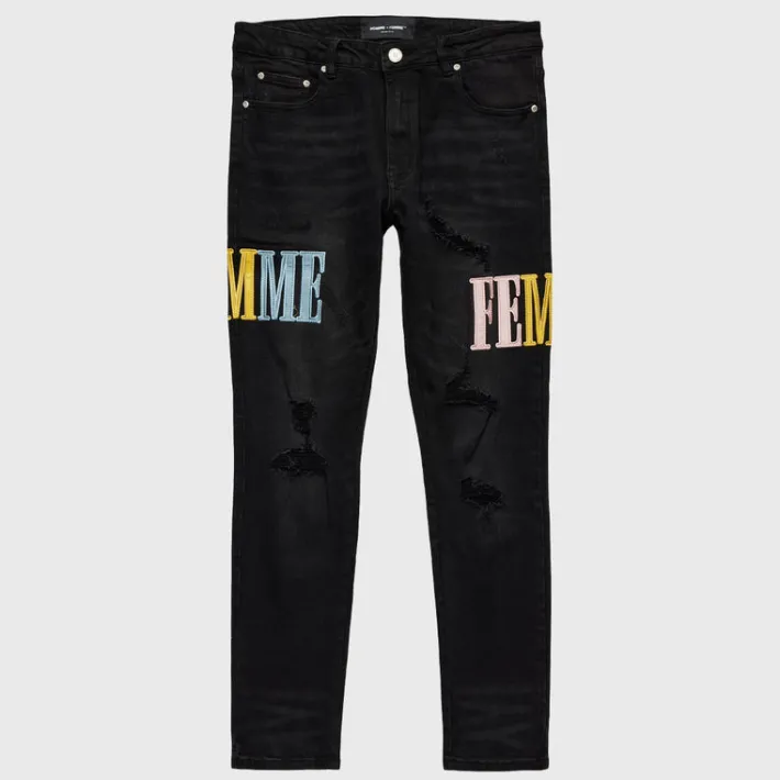 Best Homme + Femme Letterman Denim Black With Pink, Baby Blue and Yellow Letters