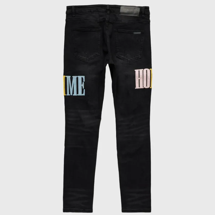 Best Homme + Femme Letterman Denim Black With Pink, Baby Blue and Yellow Letters