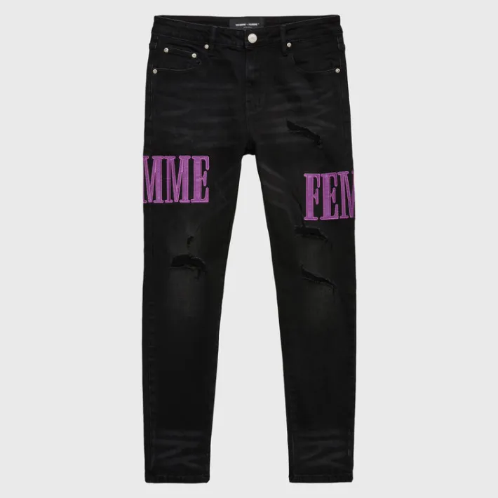 Sale Homme + Femme Letterman Denim Black With Purple Letters