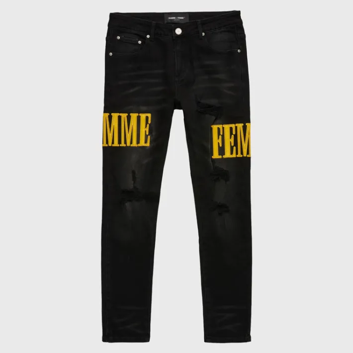 Sale Homme + Femme Letterman Denim Black With Yellow Letters