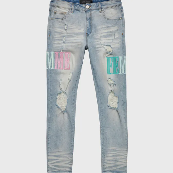 Discount Homme + Femme Letterman Denim Blue With Aqua, Turquoise, and Pink Letters