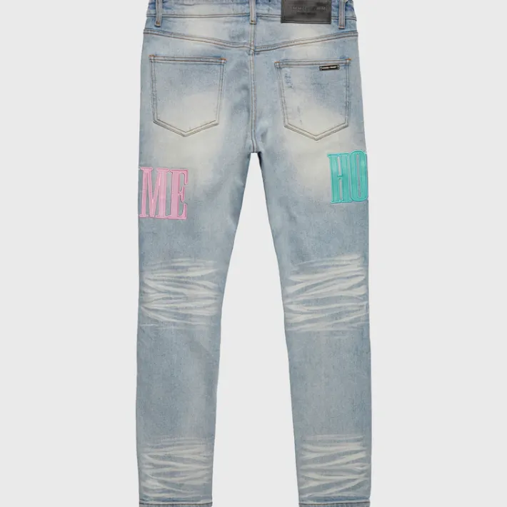 Discount Homme + Femme Letterman Denim Blue With Aqua, Turquoise, and Pink Letters