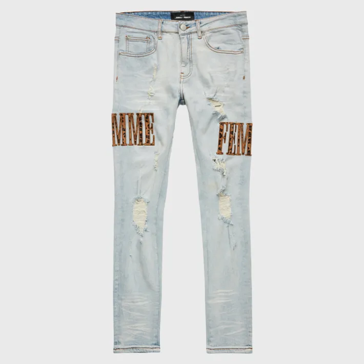 Sale Homme + Femme Letterman Denim Blue With Cheetah Letters