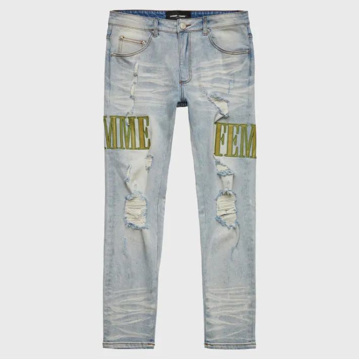 New Homme + Femme Letterman Denim Blue With Olive Letters