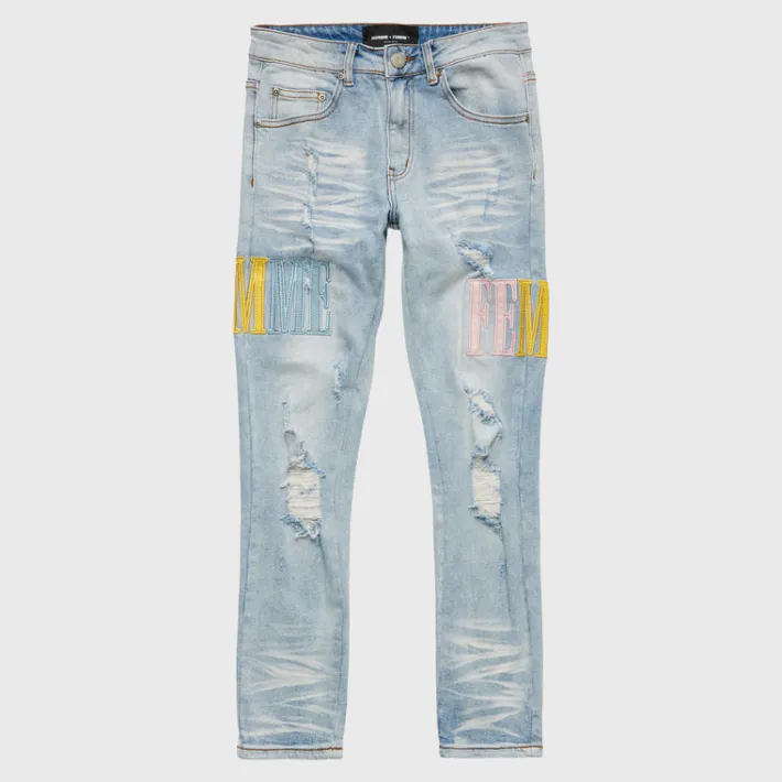Discount Homme + Femme Letterman Denim Blue With Yellow, Baby Blue and Pink