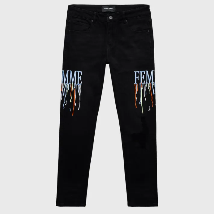 Online Homme + Femme Letterman Drip Denim Black With Light Blue Letters