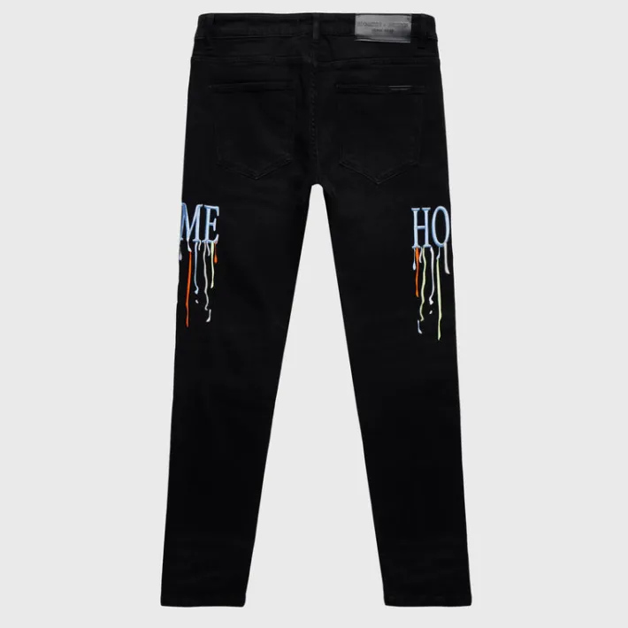 Online Homme + Femme Letterman Drip Denim Black With Light Blue Letters