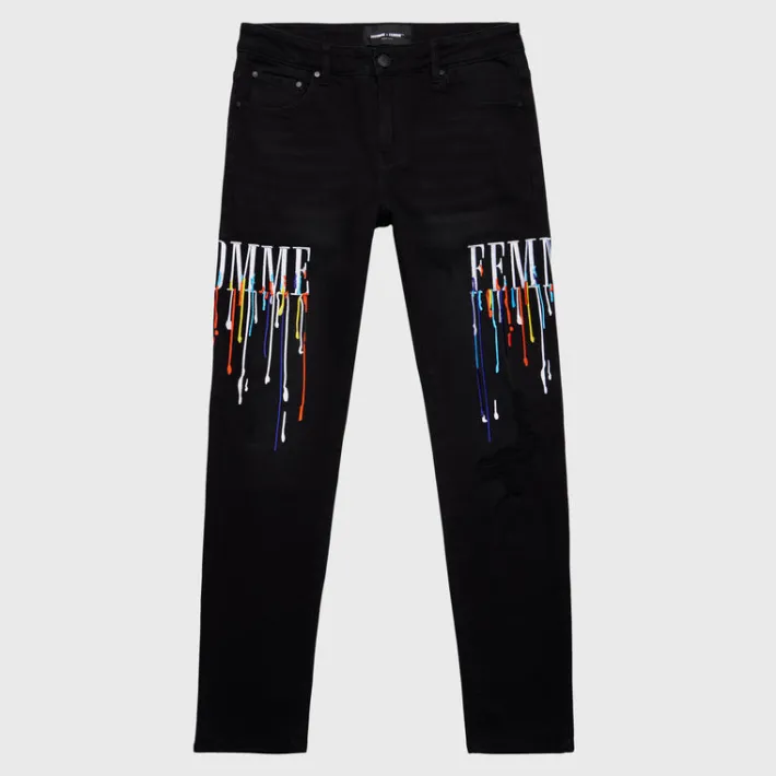 Online Homme + Femme Letterman Drip Denim Black With White Letters