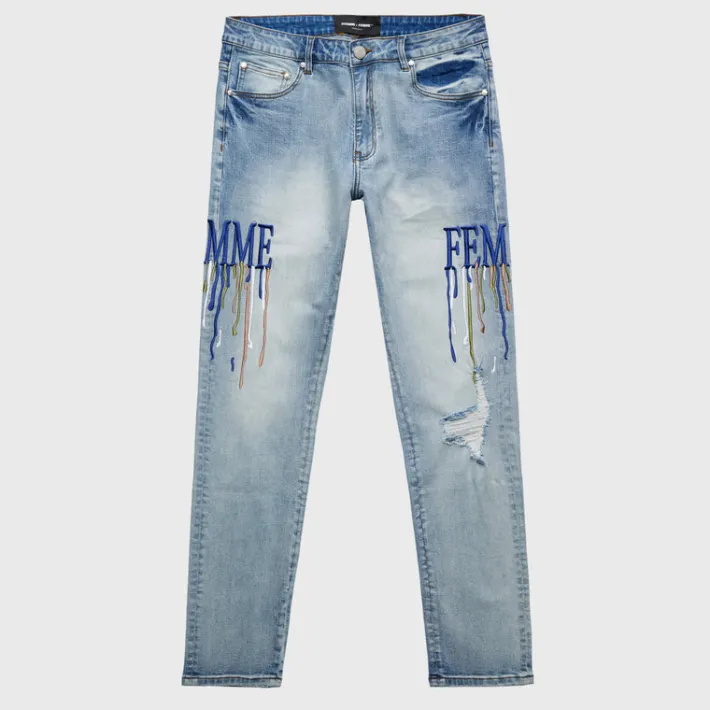 Clearance Homme + Femme Letterman Drip Denim Blue With Navy Letters