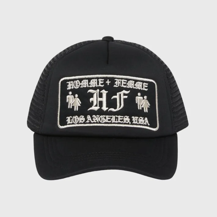 Discount Homme + Femme Old English Trucker Hat Black and Cream