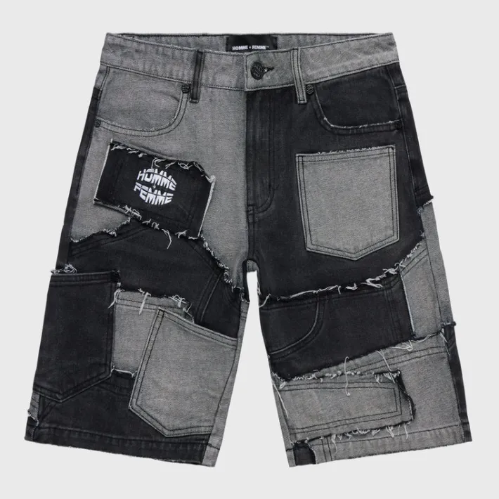 New Homme + Femme Patchwork Denim Short Black