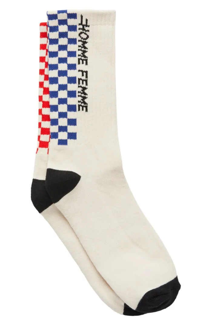 Hot Homme + Femme Racing Crew Checkered Socks Cream