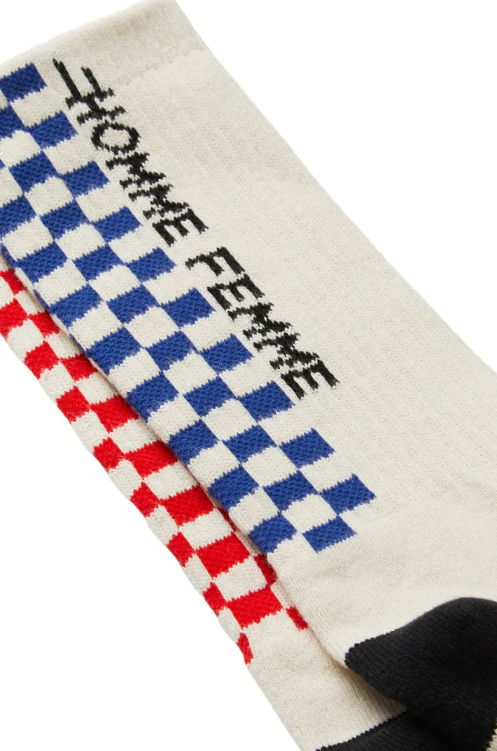 Hot Homme + Femme Racing Crew Checkered Socks Cream