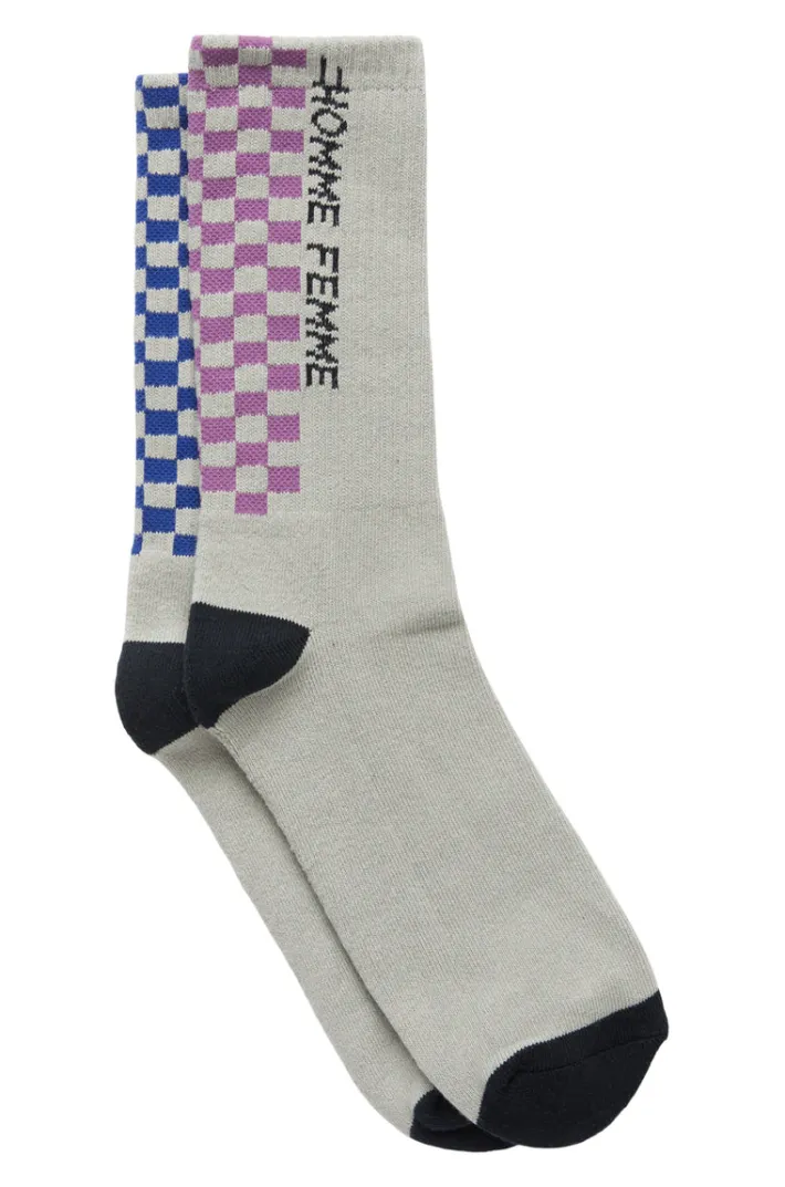 Discount Homme + Femme Racing Crew Checkered Socks Grey