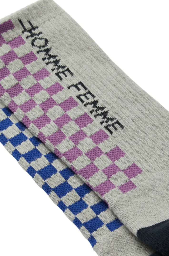 Discount Homme + Femme Racing Crew Checkered Socks Grey