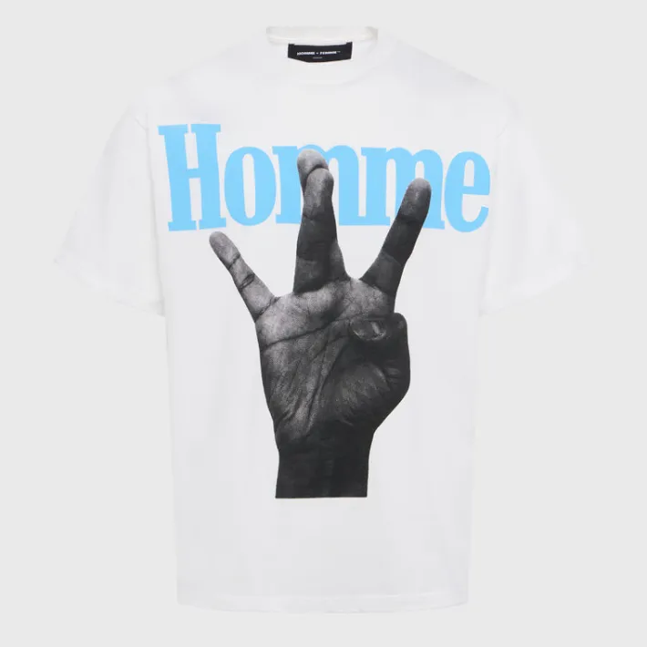 Sale Homme + Femme Twisted Fingers Tee White with Baby Blue